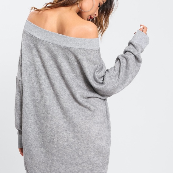 oversized grey off shoulder knit sweater dress - Picture 5 of 6